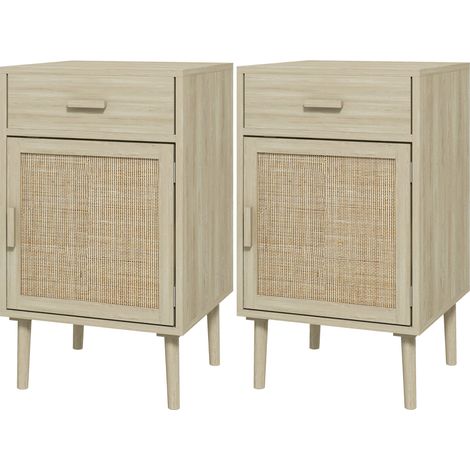Set 2 Comodini per Camera da Letto con Cassetto e Anta 40x40x68,5 cm in Rattan Stile Boho Naturale (1/5)