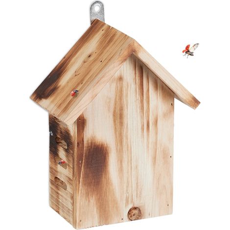 Relaxdays Marienkäferhaus, Marienkäferhotel Garten, zum Aufhängen, Holz unbehandelt, Insektenhotel Marienkäfer, braun
