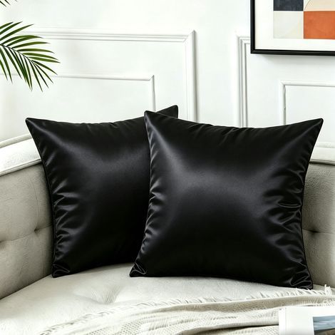Lot de 2 housses de coussin en fausse soie, 60 x 60 cm Housses de coussin décoratives, style campagne moderne (Coussins non inclus) — Adapté pour l'extérieur, le salon, la chambre et le canapé — Noir