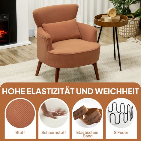 Fauteuil moderne à accoudoirs, coussin de soutien lombaire inclus, piètement en bois d'hévéa, orange. (1/5)