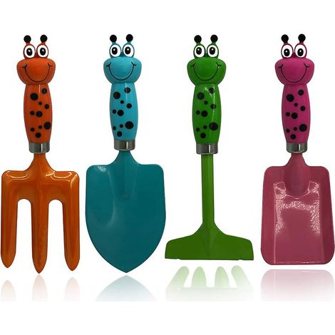 Ensemble de 4 outils de jardinage en métal pour enfants : jouets sûrs pour planter, creuser et repiquer dans la terre (1/4)