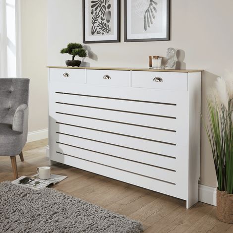 Batley Large Radiator Cover Grill Shelf Cabinet With 3 Drawer MDF Modern White (1/5)