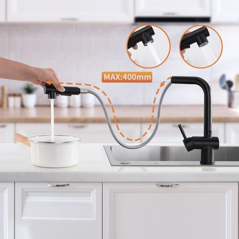 Mitigeur de Cuisine avec Douchette Extractible 2 Fonctions Robinet de Cuisine Noir en Acier Inox avec Barboteur démotable (1/5)