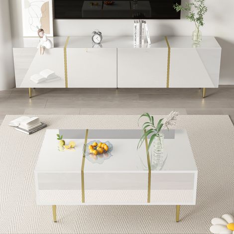Ensemble Meubles de Salon Haute Brillance - Meuble TV 4 Portes Soft-Close et Table Basse avec 2 Tiroirs, Finition Laquée et Lignes Dorées pour Séjour - Style Moderne - Blanc (1/5)