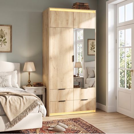 Armoire 2 portes 90x47x200 cm en MDF chêne, miroir et LED, rangement intégré pour chambre – MEUBLIV (1/5)