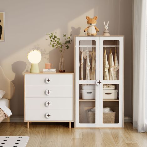Armario estantería de MDF blanco y natural, 2 módulos con puertas acrílicas, 160 x 50 x 150 cm, 10 niveles regulables (1/5)