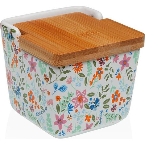 VERSA salero ceramica flowers 8,8x8,5 cm , Salero cerámica flowers 8,8 x 8,8 x 8,5 cmMarca VersaCon diseño estampado de flores sobre un fondo color blanco, tapa de bambú