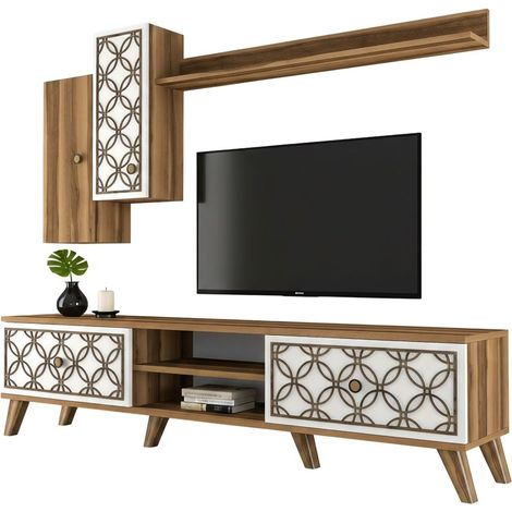 Dmora - Mobile porta TV Nunzia, Credenza da soggiorno, Armadio basso per TV, Base parete attrezzata, 180x35h44 cm, Noce e Bianco