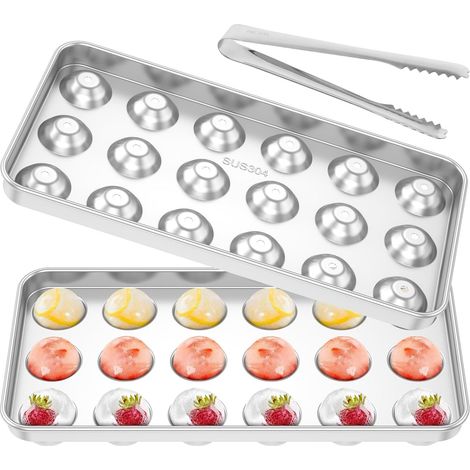 Moules à glaçons en métal - Bac à glaçons en acier inoxydable - 18 compartiments à glace - Avec couvercle - Accessoires de bar - Accessoires pour cocktails, whisky, vin, fruits, purées de fruits
