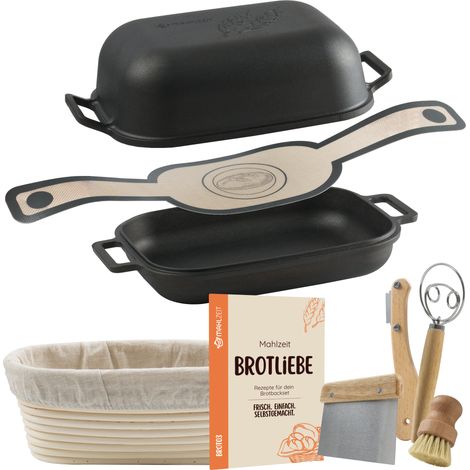 Mahlzeit Gusseisen Brottopf Set pre-seasoned, 8,3 Liter, mit Gärkörbchen, Brotschlinge und Zubehör