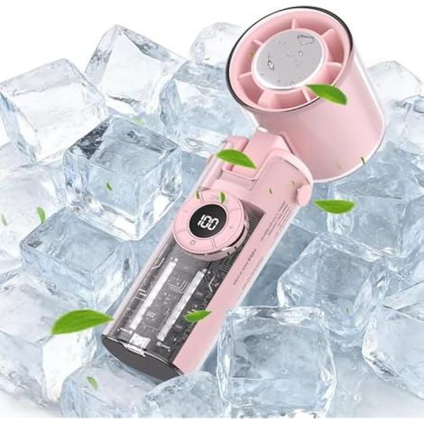 Ventilateur portable avec fonction Ice Cool - Design Mecha - Rechargeable - Transparent - Appareil de voyage pliable avec cordon lumineux - Pour camping, pique-nique, voyage, bureau, maison - Rose (1/5)