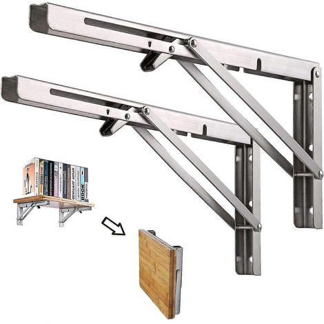 Étagère murale pliante 200 mm (lot de 2), support pour étagère de garage, équerre de support d'établi pliante en acier inoxydable, charge admissible : 113 kg (sans plateau en bois). (1/5)