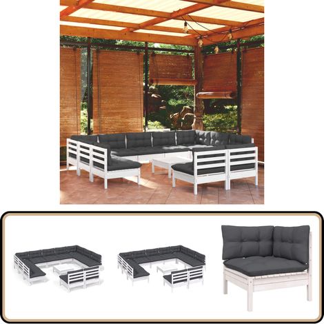12-tlg. Garten-Lounge-Set mit Kissen Weiß Kiefer Massivholz - Garten Lounge Set - Kiefernholzmöbel - Outdoor Möbel - Gartenzubehör - Loungeset
