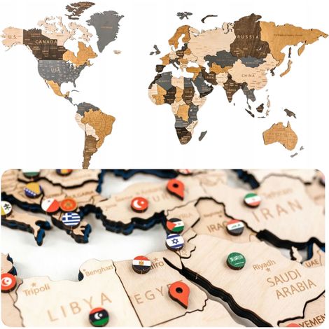 Mapa del mundo 3D de madera, grande (181 cm), con 36 chinchetas y 168 banderines para marcar. (1/5)
