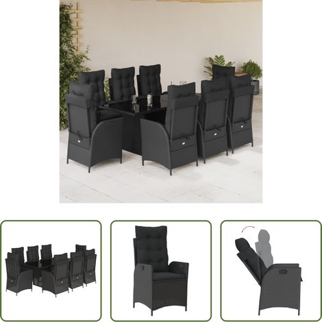 vidaXL Gartentisch - 9-tlg. Garten-Essgruppe mit Kissen Schwarz Poly Rattan (1/5)