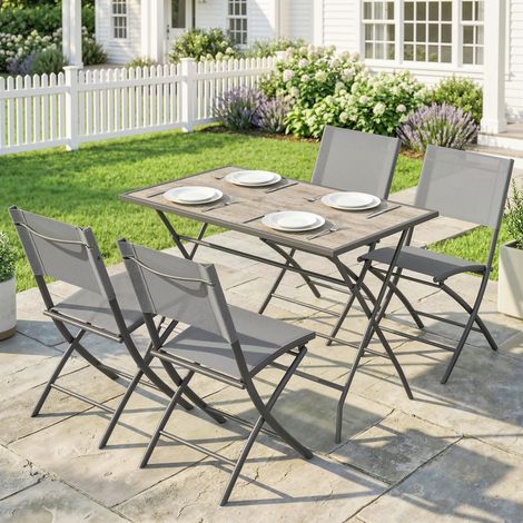 Ensemble de mobilier de jardin pliable, salon de jardin 5 pièces avec table et 4 chaises respirantes, aspect bois, gain de place (1/5)