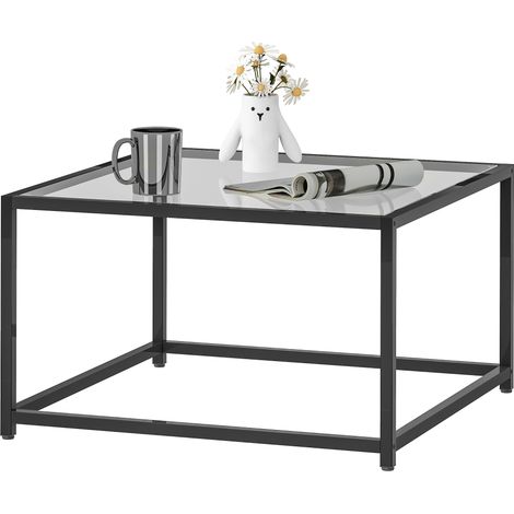 Table de chevet carrée plateau verre trempé pieds acier 68x68x39 cm Noir