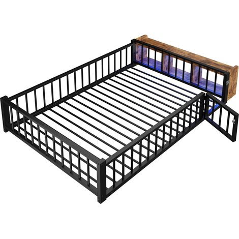 Letto con Sponda, Letto Matrimoniale con Vano a Giorno e LED, 140 x 200 cm, senza Materasso, Metallo e MDF, Nero (1/5)