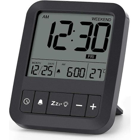 Lot de 2 mini réveils numériques de voyage avec fonction snooze, rétroéclairage, mode température et week-end, pour les voyages et la maison. (1/5)