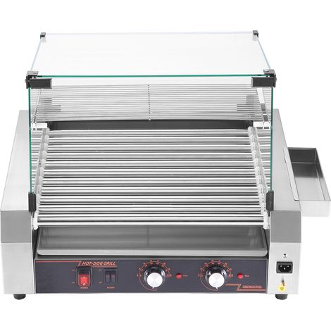 Mophorn Parrilla de Acero Inoxidable para Salchichas, 2200 W, Control de Temperatura Dual, Cubierta, Almacenamiento Lateral, Estante Desmontable y Bandeja para Goteo, 5 r/min, Plata