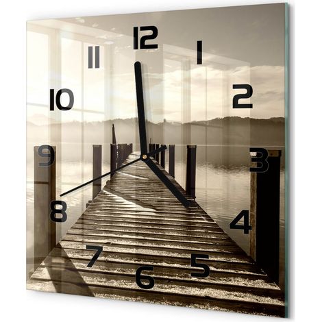Horloge Murale Carrée Déco Salon Verre Trempé Silencieuse Design Contemporain Pont en bois 30x30 cm (1/5)