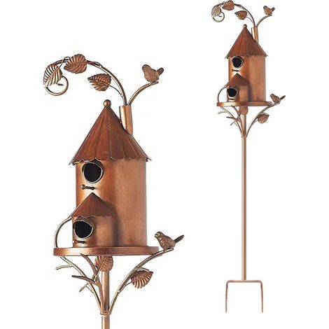 Nichoir à oiseaux en métal pour l'extérieur, avec poteau décoratif, piquet de jardin, décoration de cour extérieure (1/4)
