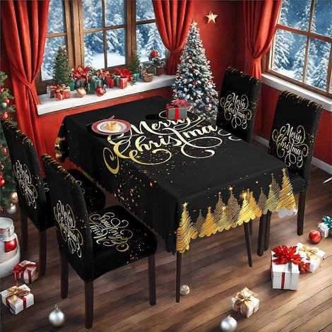 Ensemble nappe et housse de chaise de Noël rouge classique 2025, imperméable et extensible (TC-105, 140 x 210 cm). (1/4)