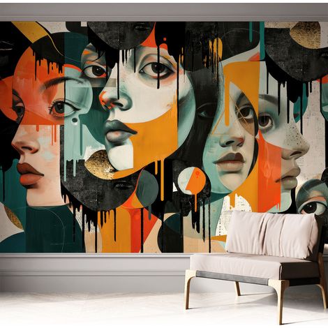 Papier peint adhésif décoratif avec colle pour salon chambre à coucher et bureau Design moderne et facile à poser Visages colorés 312x219 cm (1/5)
