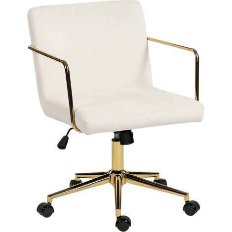Silla de Oficina Giratoria, Respaldo reclinable y Altura Regulable, Reposabrazos Dorados, Poliéster Blanco Crema (1/5)