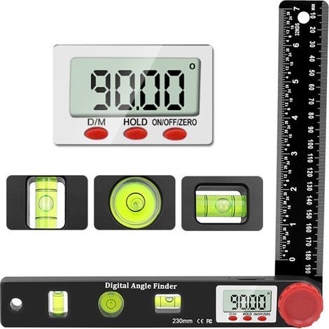 AIDUCHO Regla digital de ángulos, transportador, nivel de burbuja, goniómetro digital de 230 mm y 360°, medidores de ángulo con nivel de burbuja circular vertical y horizontal, pantalla LCD, regla de  (1/5)