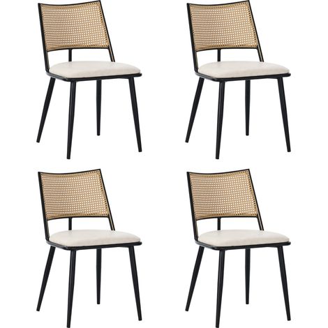 Lot 4 chaises salle à manger noires - Assises PU - Dossiers rotin - Pour salon, salle à manger, chambre - Style épuré (1/5)