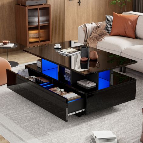 Tavolino da caffè 90x55x41 cm nero con LED e 2 cassetti, pannelli truciolari MEUBLIV (1/5)