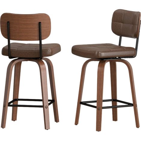 Lot de 2 tabourets de bar pivotants avec dossier ergonomique, revêtement cuir régénéré, structure métal et bois foncé, style scandinave CHICFURN (1/5)