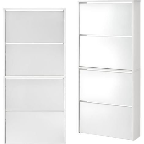 Zapatero de diseño mueble de almacenamiento con 4 compartimentos para 12 pares frente de espejo tablero de partículas de melamina 134 x 63 x 17 cm blanco 030005167