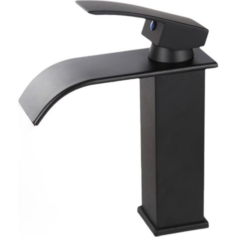 Robinet cascade pour lavabo, large ouverture, en acier inoxydable avec finition miroir, coude carré sous comptoir. (1/5)