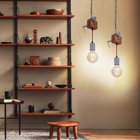 Hängeleuchte Holz Esstischlampe hängend Retro Deckenleuchte Vintage, Schraubzwinge Metall verzinkt, 1x E27 Fassung, LxH 14x120 cm, 2er Set