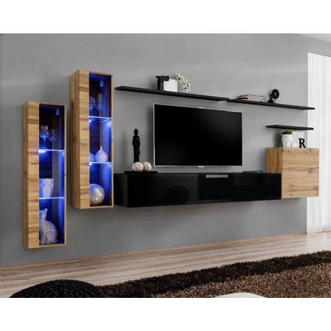 Meuble TV Mural Design "Switch XI" 330cm Naturel & Noir (1/4)