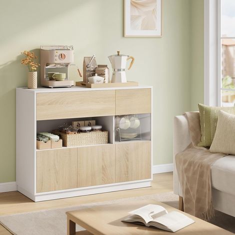 WOLTU Credenza con Cassetto e Scomparti Aperto e Chiusi - per Cucina e Soggiorno - Rovere Chiaro+Bianco (1/5)