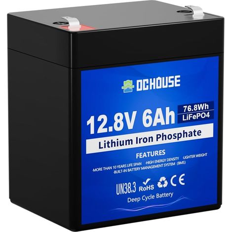 Batterie au lithium LiFePO4 12V 6Ah à cycle profond avec plus de 4000 cycles, BMS intégré, parfait pour les scooters pour enfants, sondeur, éclairage, roues motrices, tondeuse à gazon, etc. (1/5)