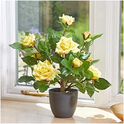 Artificial Regent's Rose Potted Plant or Tree Free Standing Faux Flowers for Home Garden Decorative Faux Foliage Indoor Outdoor D�cor Rose Bush Weather Resistant (40cm - Sunshine Yellow) (1/3)