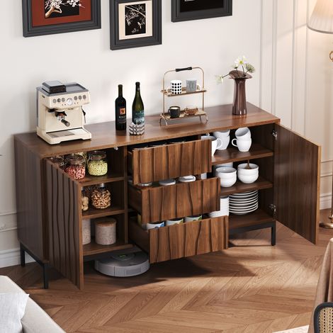 Fortuna Lai – Buffet en bois marron 150x40x80cm – Armoire avec 3 tiroirs et 2 portes – Étagères réglables – Pieds en métal noir pour stabilité (1/5)