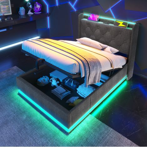 Letto Contenitore 90x200 cm con Rete a Doghe LED 360掳 in Tessuto Lino Grigio (1/5)