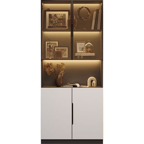 ELVMI Vitrine avec Portes Vitrées, Niche Ouverte, Étagère Réglable et LED, pour Salon, Blanc Noir, 80 x 30 x 200 cm (1/5)