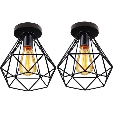 2PCS Plafones De Metal Vintage Lampara Techo De Diamante Retro Negro Lustre Industrial Para Comedor Bar Interior Dormitorio Oficina E27