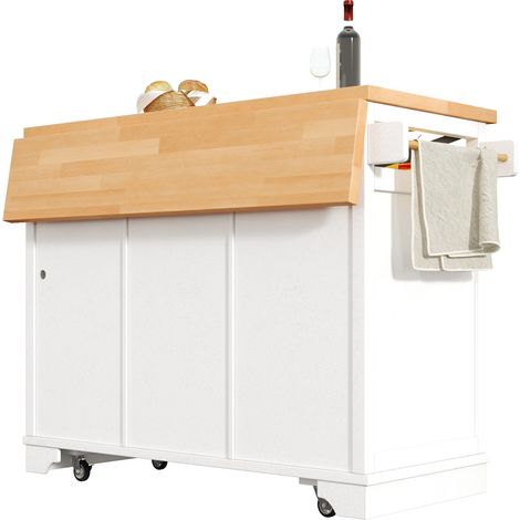 ELVMI Küchenwagen mit 3 Schubladen, 2 Türen, Klapptisch und LED für Küche, aus MDF, Weiß, 120×43×98 cm (1/5)