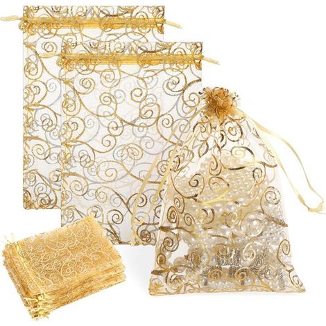Organzabeutel mit Kordelzug, 100 Stück Kleine Geschenktüten 13 x 18 cm in Gold für Süßigkeiten und Schmuck (1/5)