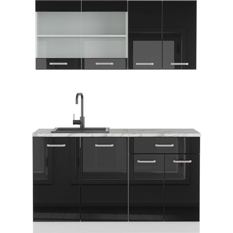 Cocina para solteros R-Line, Negro brillo intenso, 140 cm , ET Mármol, Vicco