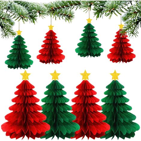Pendentif en forme de sapin de Noël en forme de nid d'abeille, décoration de fête en papier 3D à suspendre au plafond (rouge vert) (1/5)