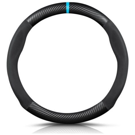 Round Shape Carbon Fibre & Microfibre PU Leather Steering Wheel Cover Non-Slip Car Steering Wheel Cover Breathable Sport Car Steering Wheel Cover for Diameter 38 cm (15 Inches) - Black Blue (1/4)