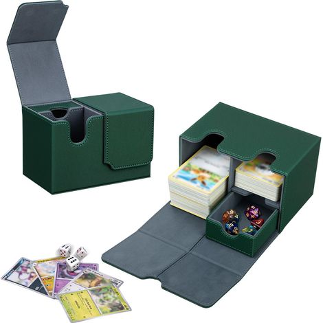 Double Couche Trading Card Storage Box Contenir à 200+ Cartes Sans Pochette pour MTG, Commander TCG, Cartes à Collectionner - Vert et gris (1/5)